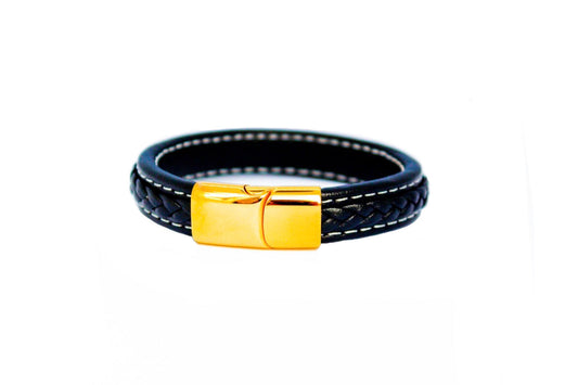 Zwart leren armband met gouden graveerbare bar