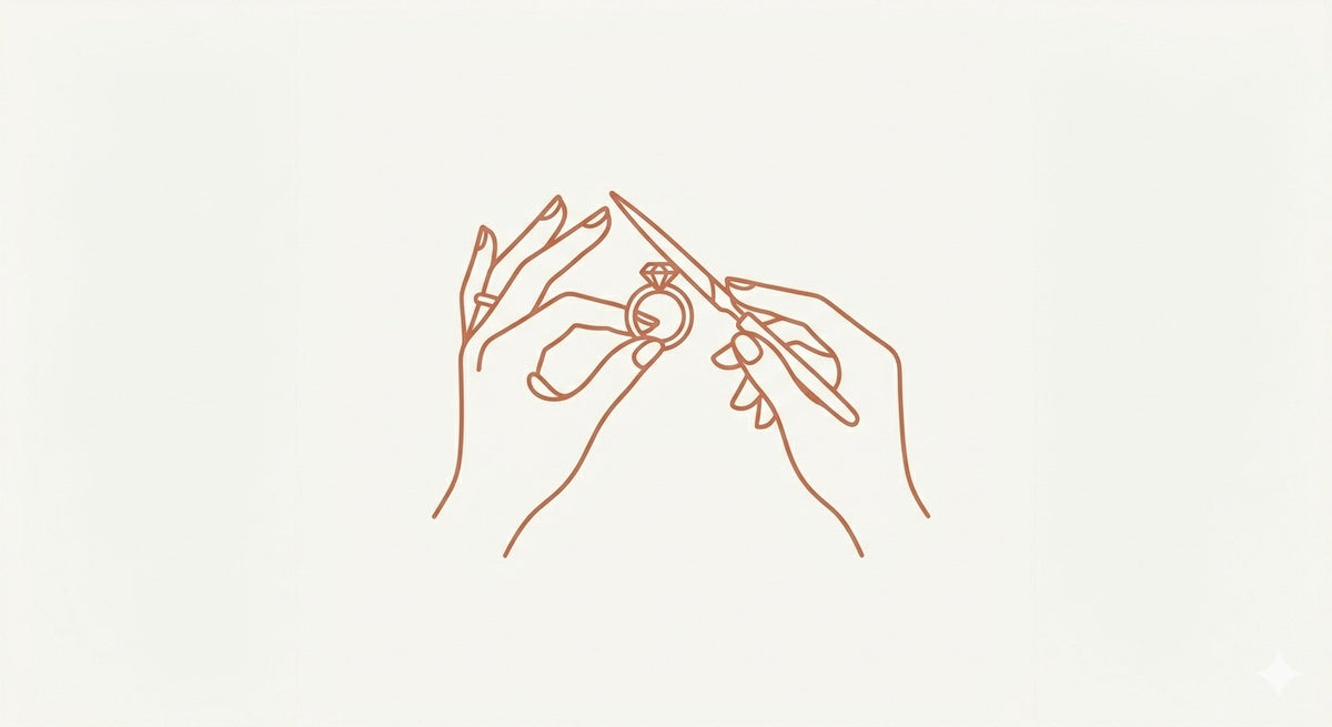 Néhlia's herinneringssieraden: Line-art icoon van een juweliershand met een diamanten ring en een vijl.
