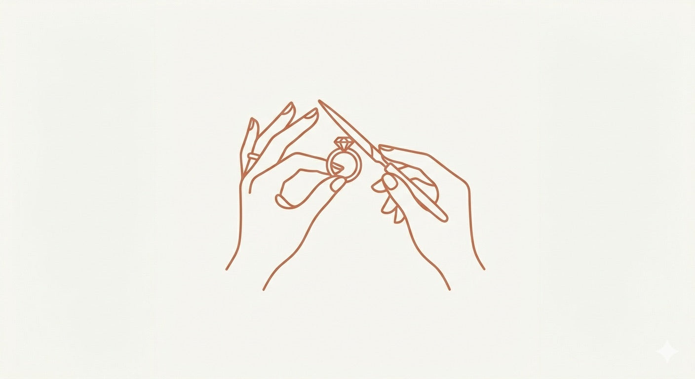 Néhlia's herinneringssieraden: Line-art icoon van een juweliershand met een diamanten ring en een vijl.