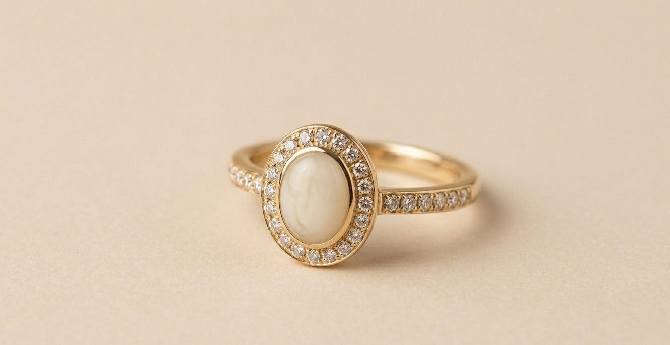 Néhlia's herinneringssieraden: diamanten gouden moedermelk ring op een serene achtergrond.