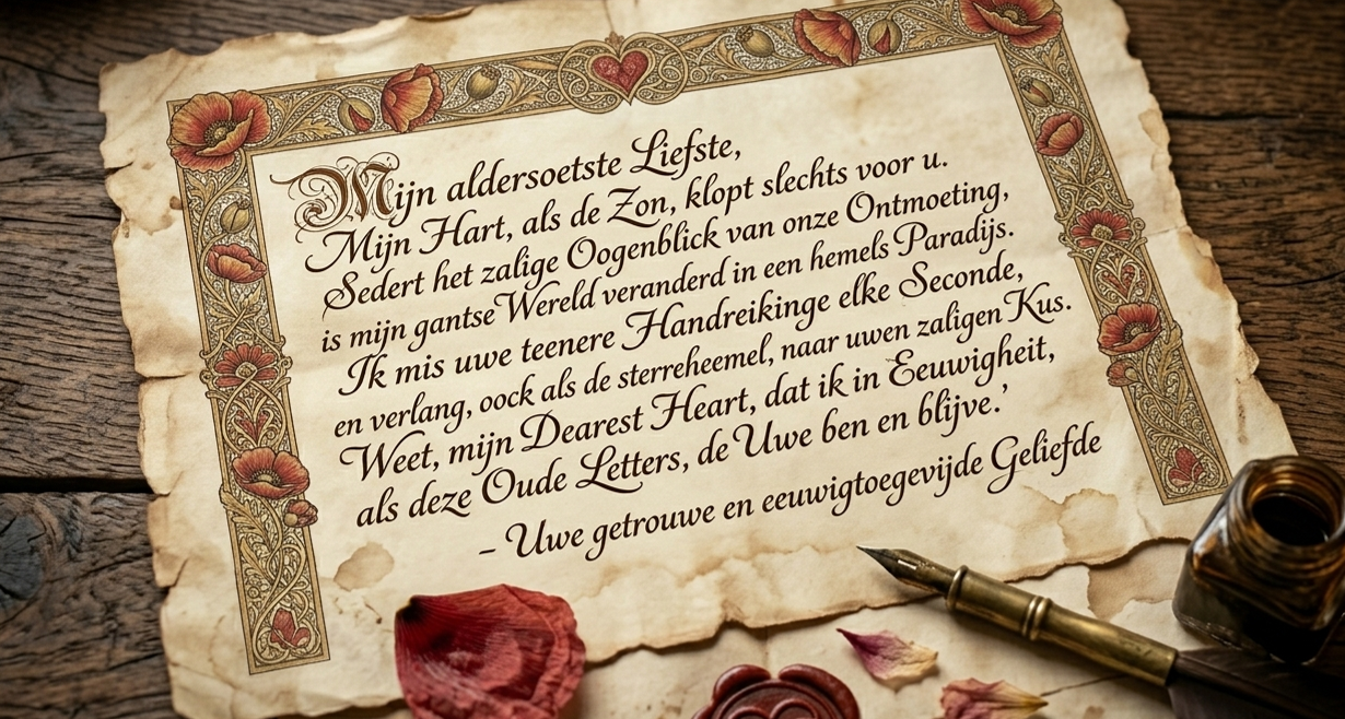 Néhlia's herinneringssieraden: een close-up van en klassiek oud handgeschreven liefdesbriefje met sierletters, Néhlia