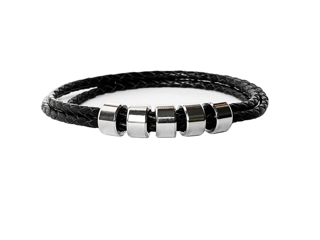Black leather remembrance bracelet with 5 silver pendants 