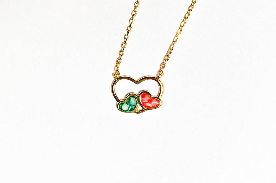 Gold Plated Silver Bezel Cup Necklace Two small Hearts with baby teeth in green en pink resin In big Heart 