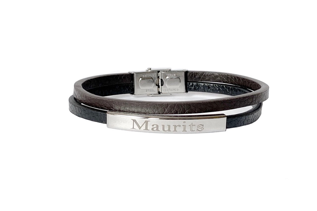 Donkerbruin met zwart gevlochten leren Rove armband, edelstalen sluiting, graveerbaar heren en dames herinneringssieraad van Néhlia.